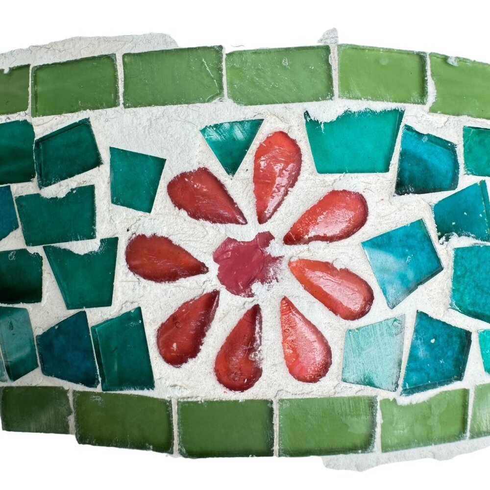 Vintage White ice Bucket Mid Century Enameled with Blue Red Green Glass 2 Handle